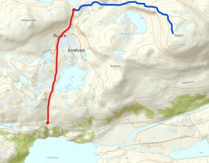 Kart over turen til Napen fra Nedre Moen